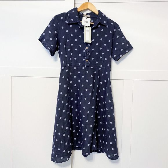 Laura Gotti Dresses & Skirts - Laura Gotti Linen Shirtdress Short Sleeve Tonal Polka Dot Dress Navy Blue L NWT